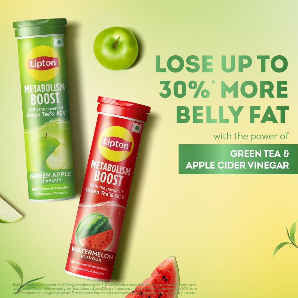 Metabolism Boost Tablets | Green Tea & Apple Cider Vinegar - Green Apple & Watermelon Flavor (pack of 4 tubes)