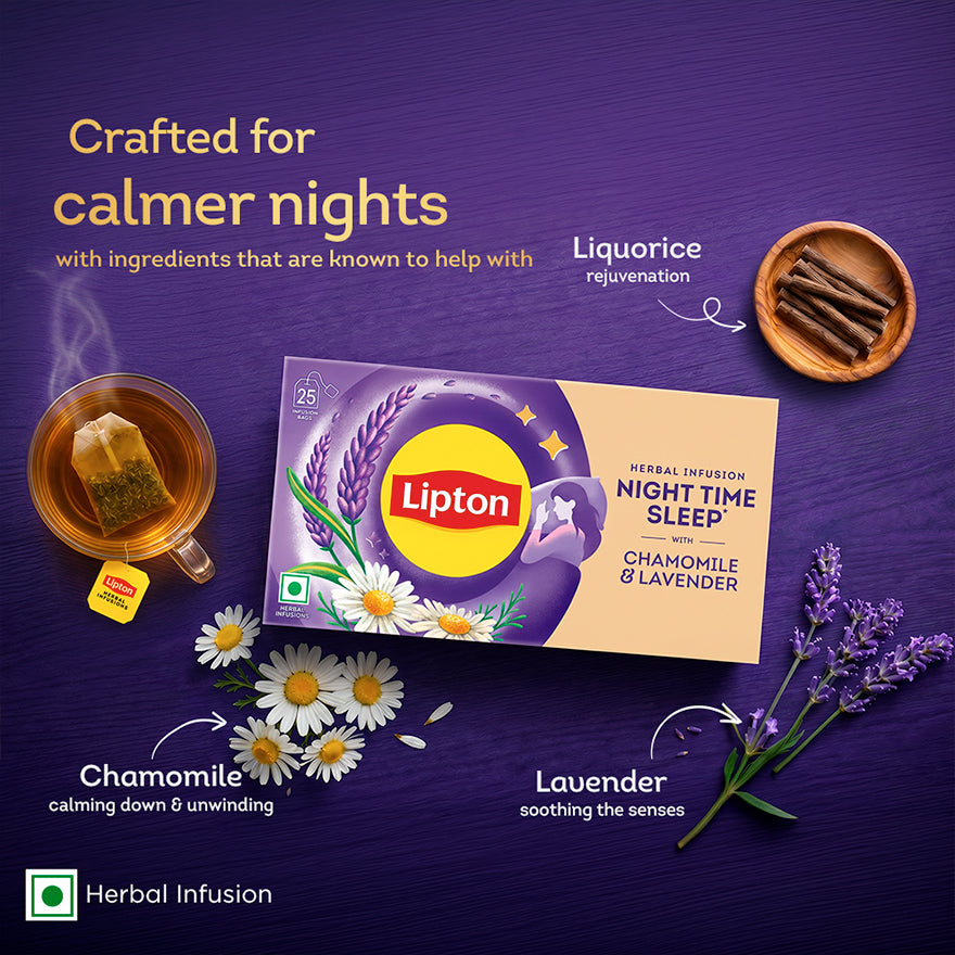 Lipton Night Time Sleep | Lavender, Herbal Infusions 25 Tea Bags for Relaxation, Free from Caffeine