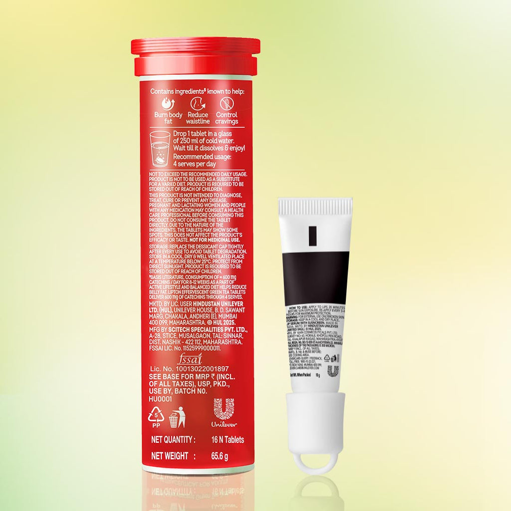 Sip & Glow Combo | Lipton Metabolism Boost Watermelon Tablets and Novology SPF 50 PA ++++ Lip Serum