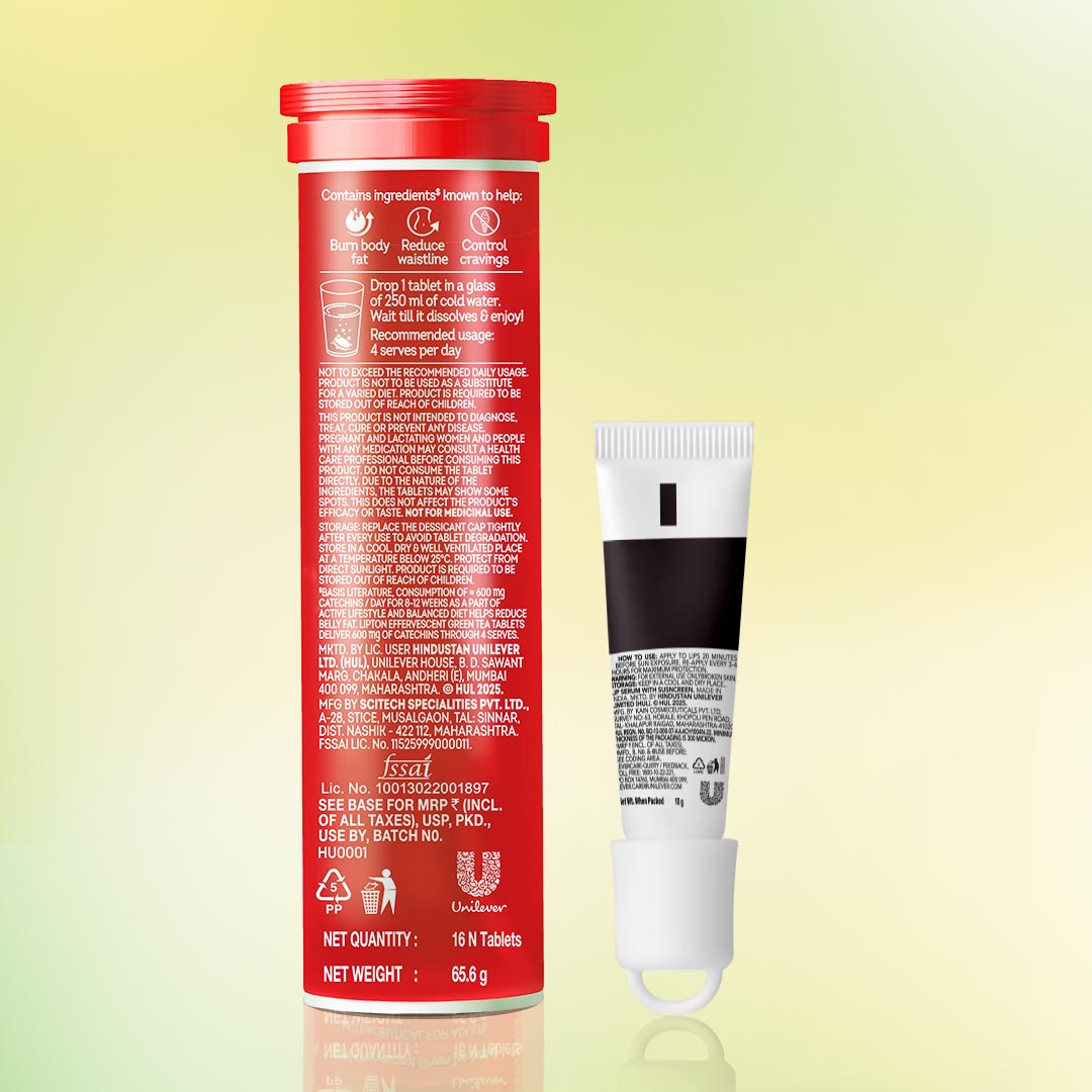 Sip & Glow Combo | Lipton Metabolism Boost Watermelon Tablets and Novology SPF 50 PA ++++ Lip Serum