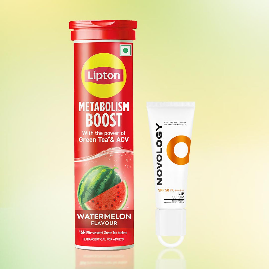 Sip & Glow Combo | Lipton Metabolism Boost Watermelon Tablets and Novology SPF 50 PA ++++ Lip Serum