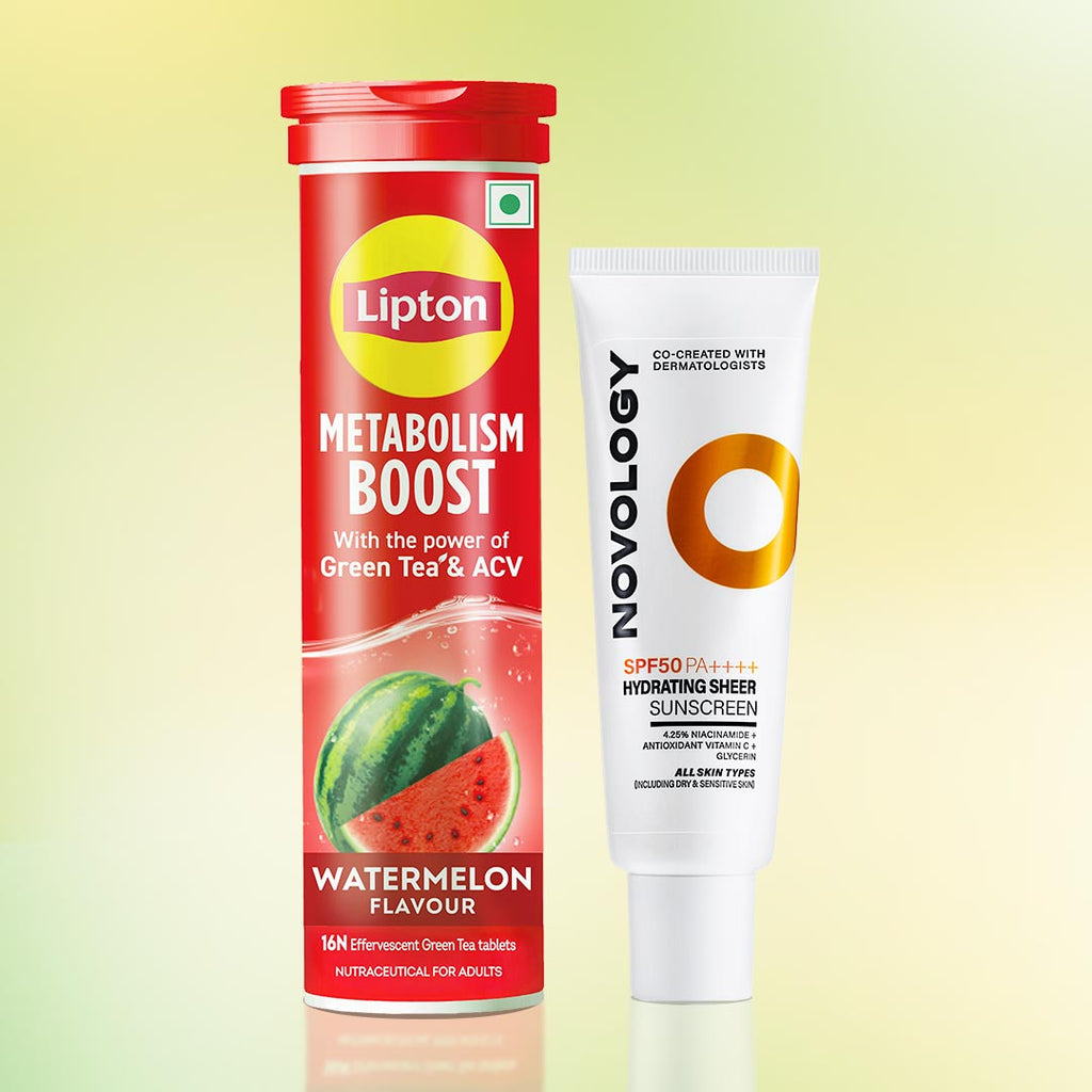 Sip & Hydrate Combo | Lipton Metabolism Boost Watermelon Tablets and Novology SPF 50 PA ++++ Photostable Hydrating Sunscreen