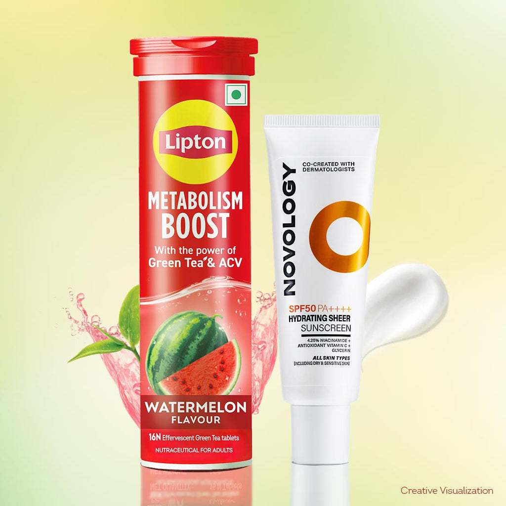 Sip & Hydrate Combo | Lipton Metabolism Boost Watermelon Tablets and Novology SPF 50 PA ++++ Photostable Hydrating Sunscreen
