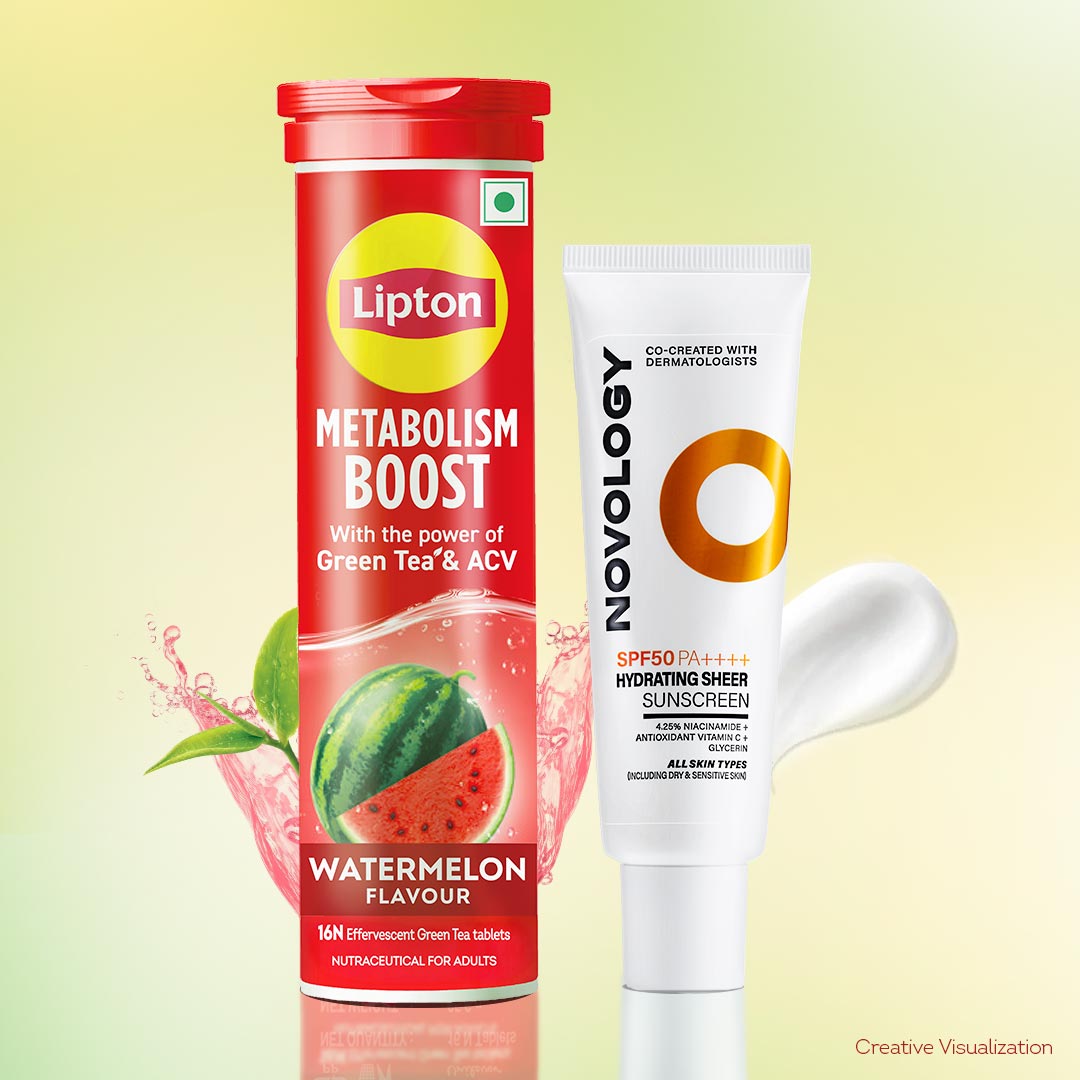 Sip & Hydrate Combo | Lipton Metabolism Boost Watermelon Tablets and Novology SPF 50 PA ++++ Photostable Hydrating Sunscreen