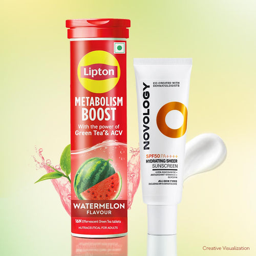 Sip & Hydrate Combo | Lipton Metabolism Boost Watermelon Tablets and Novology SPF 50 PA ++++ Photostable Hydrating Sunscreen