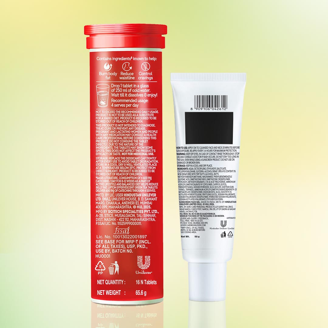 Sip & Shield Combo | Lipton Metabolism Boost Watermelon Tablets and Novology SPF50 PA++++ Ultra Light Gel Sunscreen