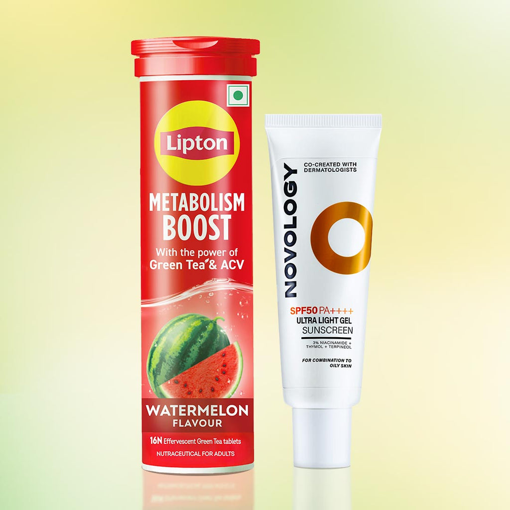 Sip & Shield Combo | Lipton Metabolism Boost Watermelon Tablets and Novology SPF50 PA++++ Ultra Light Gel Sunscreen