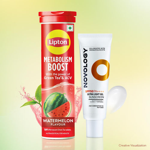 Sip & Shield Combo | Lipton Metabolism Boost Watermelon Tablets and Novology SPF50 PA++++ Ultra Light Gel Sunscreen