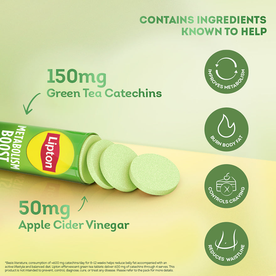 Metabolism Boost Tablets | Green Tea & Apple Cider Vinegar - Green Apple Flavor (Pack of 4 tubes)