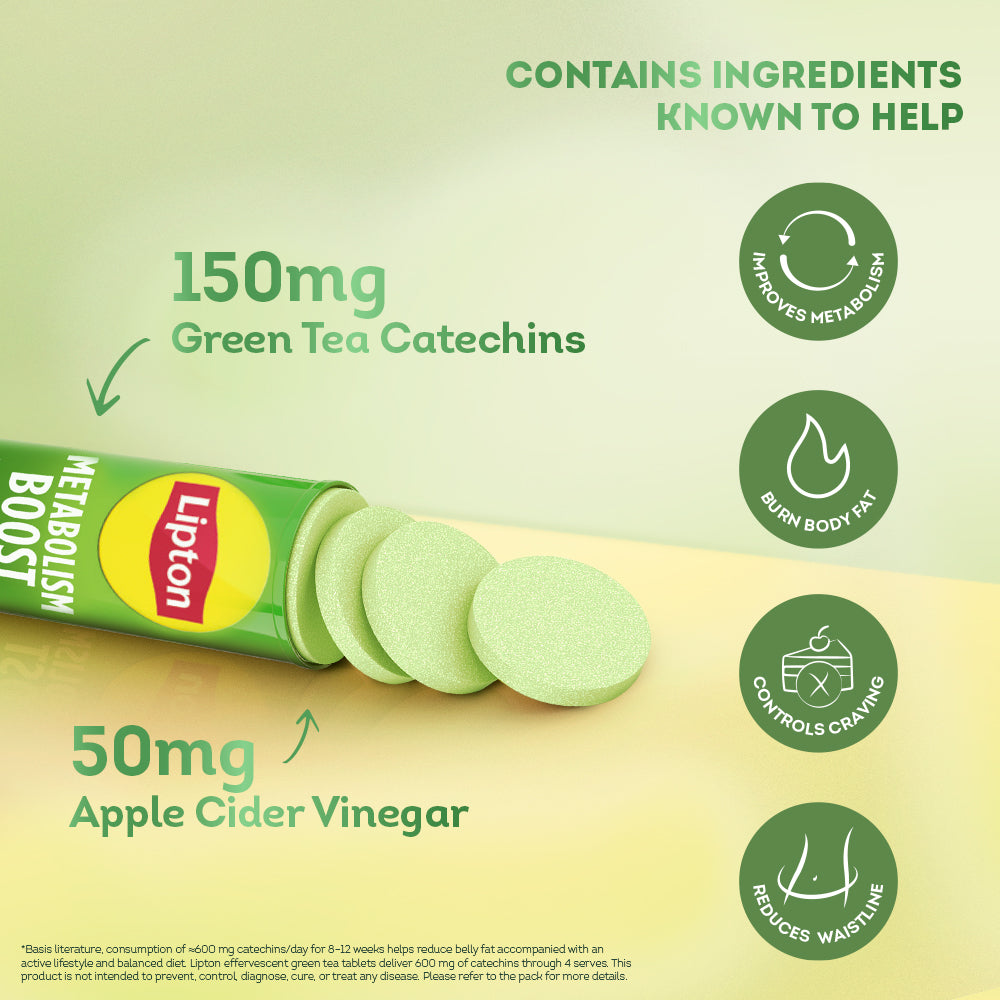 Metabolism Boost Tablets | Green Tea & Apple Cider Vinegar - Green Apple Flavor (Pack of 4 tubes)